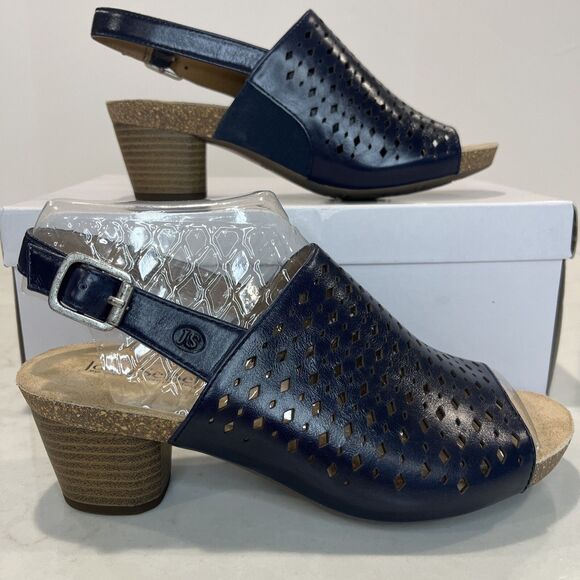 Josef Seibel NEW Comfort Sandals Open Toe Slingback Heel Navy Leather EU37 US6 - Picture 1 of 14